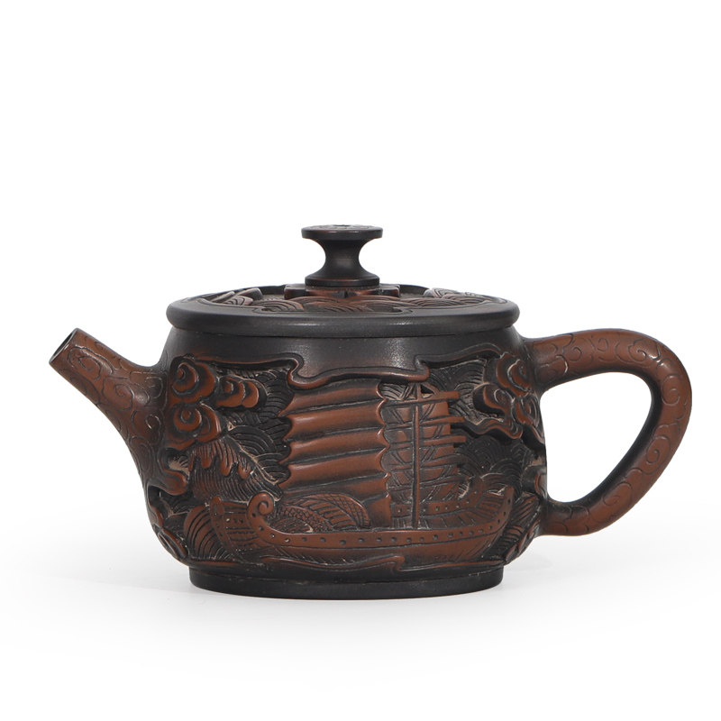 建水紫陶茶壶手工深雕一帆风顺汉瓦壶泡茶器非紫砂壶茶壶