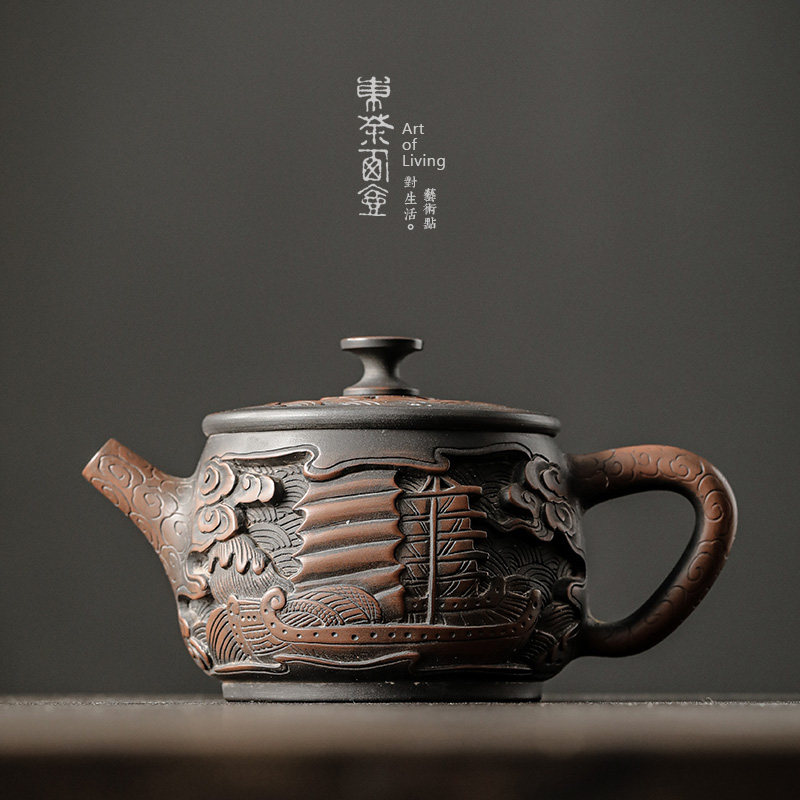 建水紫陶茶壶手工深雕一帆风顺汉瓦壶泡茶器非紫砂壶茶壶