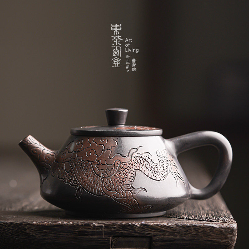 建水紫陶壶纯全手工茶壶线雕祥龙石瓢壶云南泡茶茶壶