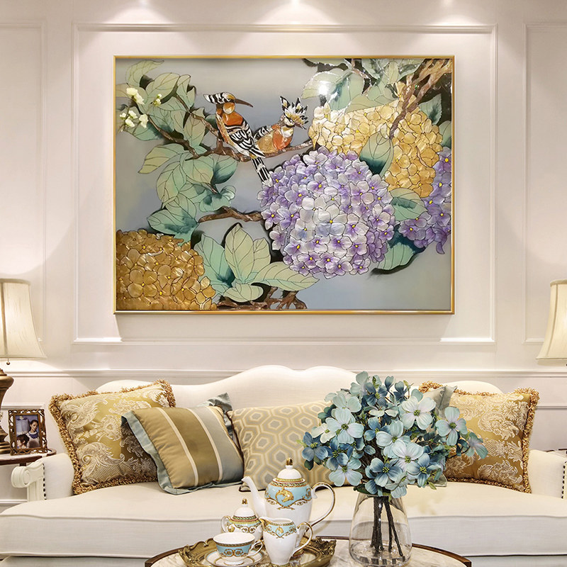 手工珐琅彩餐厅挂画轻奢美式玄关装饰画花鸟家居壁画绣球花白首鸟