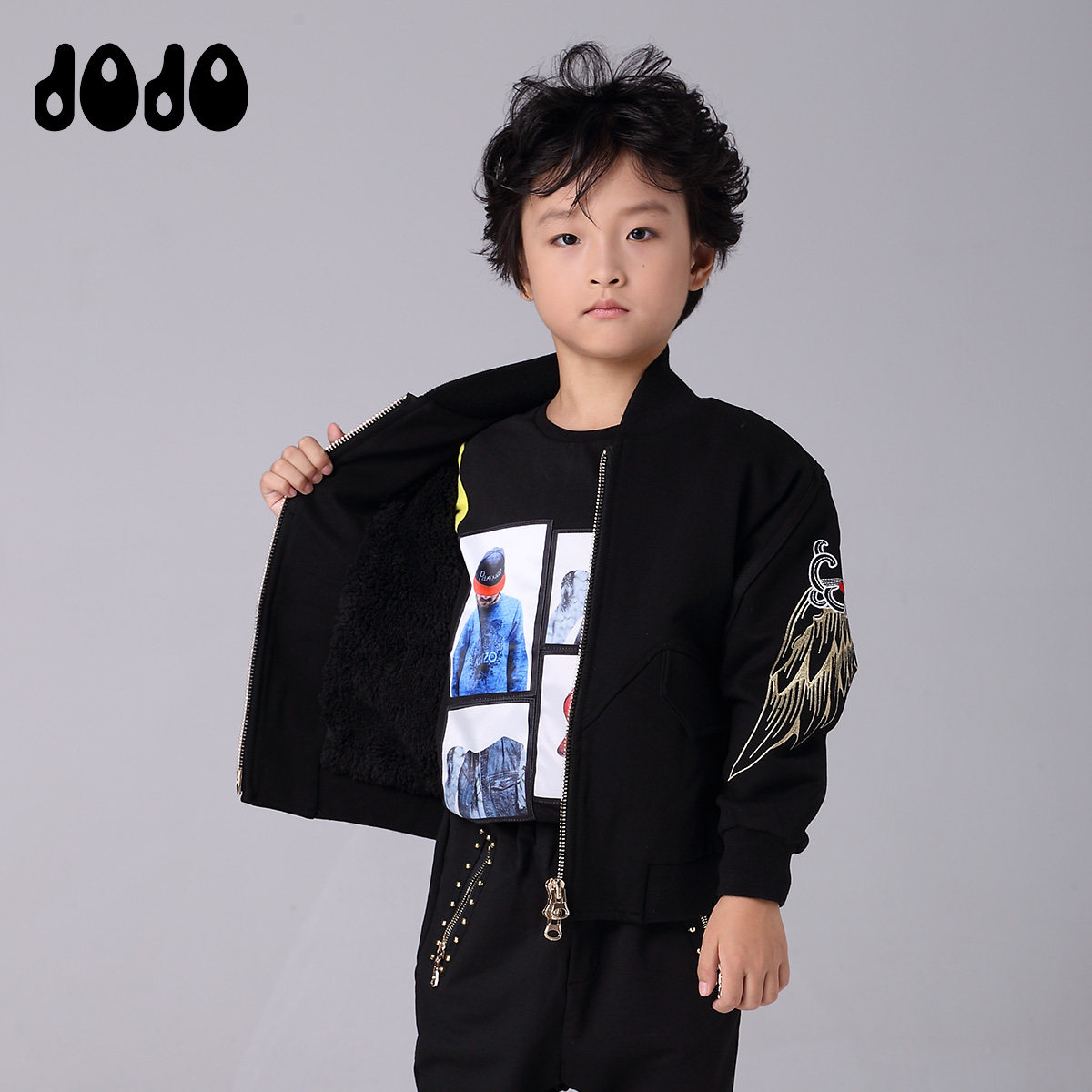 jojo童装2017秋冬新品 男童刺绣加绒外套 中大童休闲短装上衣