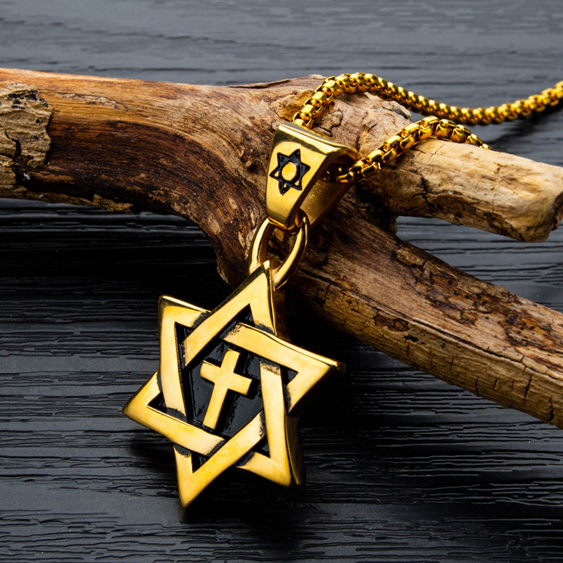 六芒星项链男潮抖音网红嘻哈哈潮人钛十字架吊坠项链