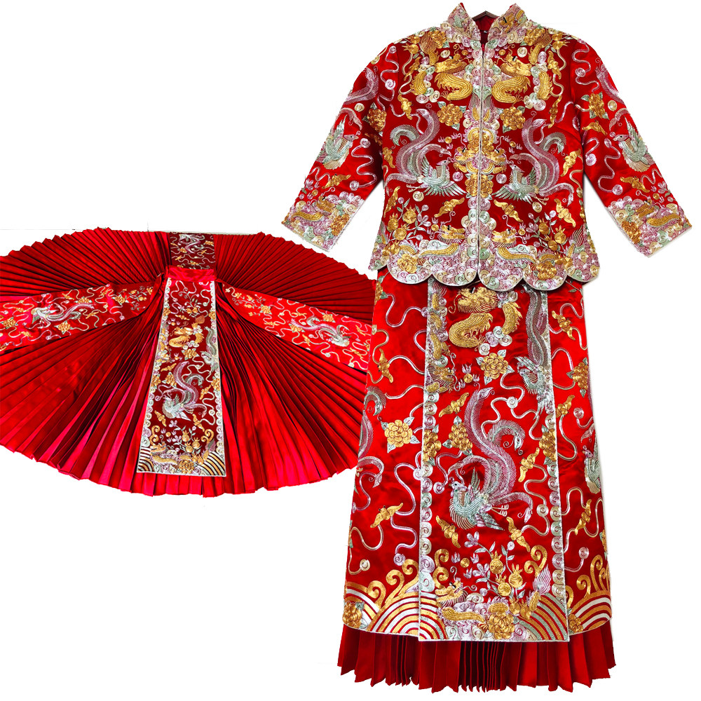 秀禾裙褂龙凤双喜嫁衣铺床结婚百褶裙刺绣银线礼服