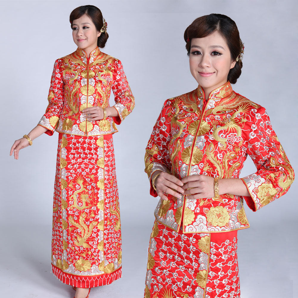 龙凤裙褂双喜牡丹五福新娘礼服立体刺绣金龙凤礼服