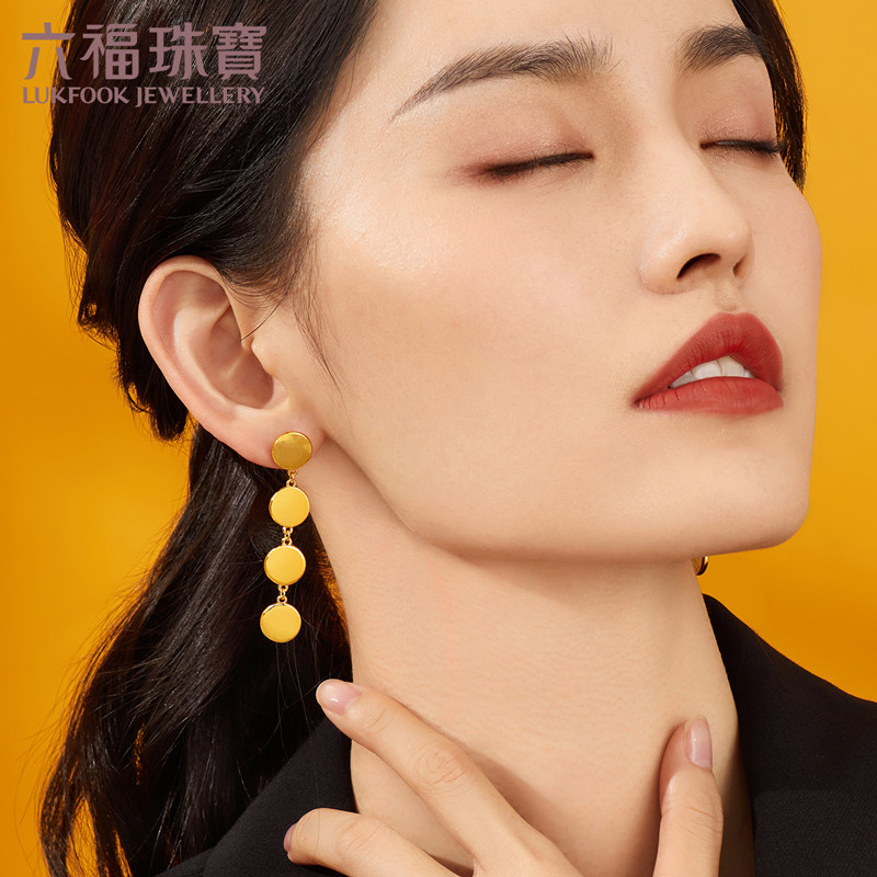 六福珠宝几何黄金耳钉5d硬金耳环足金耳饰女款耳饰