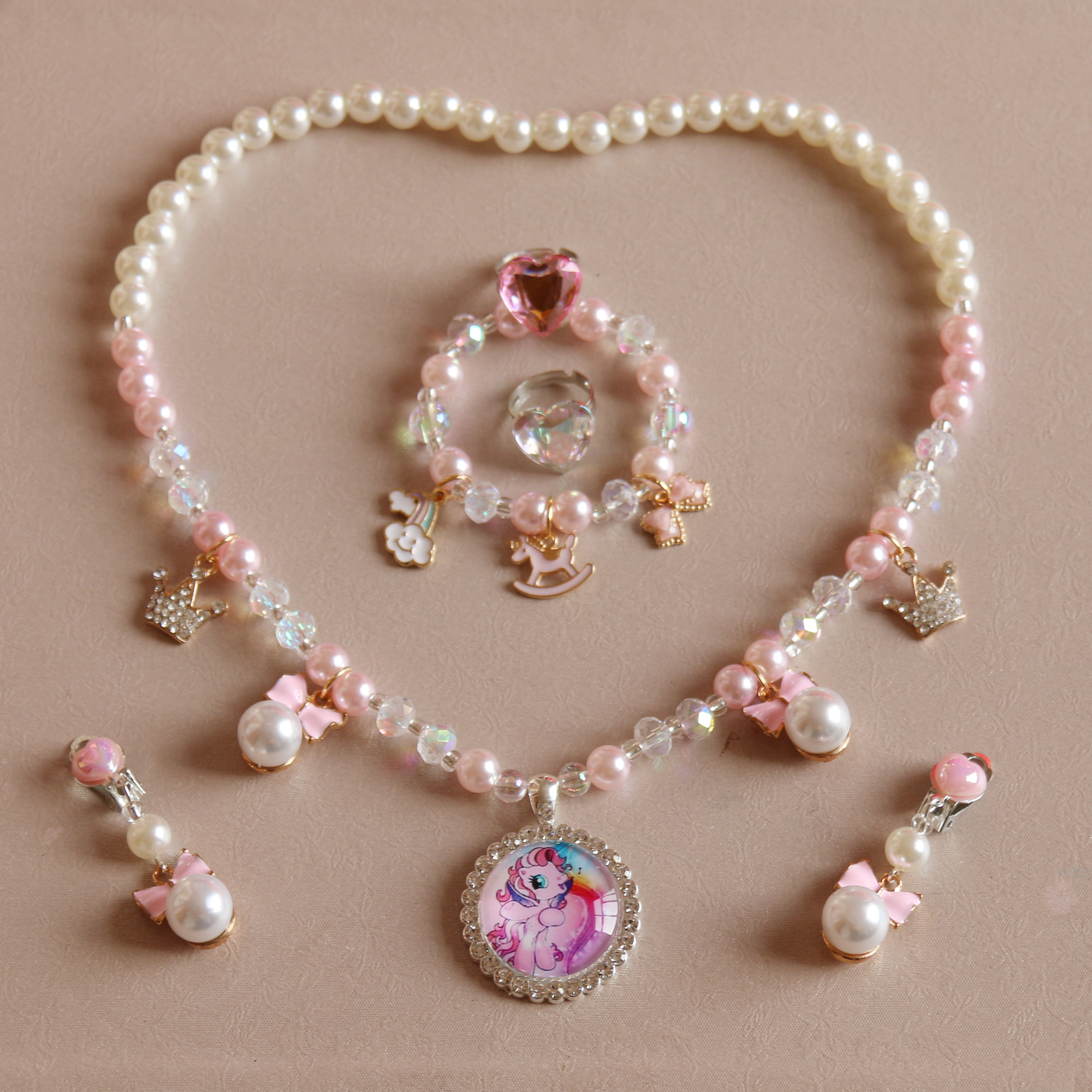 女童儿童宝宝首饰公主仿珍珠项链耳环戒指节日生日礼物套装