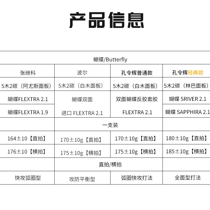 蝴蝶牌乒乓球拍孔令辉专业级板乒兵乓球单拍1只兵兵蝴蝶王张继科