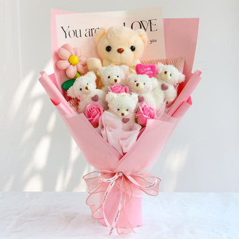 ກາຕູນ bouquet doll ເຮັດດ້ວຍມື doll bear doll simulated rose ຂອງຂວັນວັນເກີດສໍາລັບແຟນຮຽນຈົບຮູບ