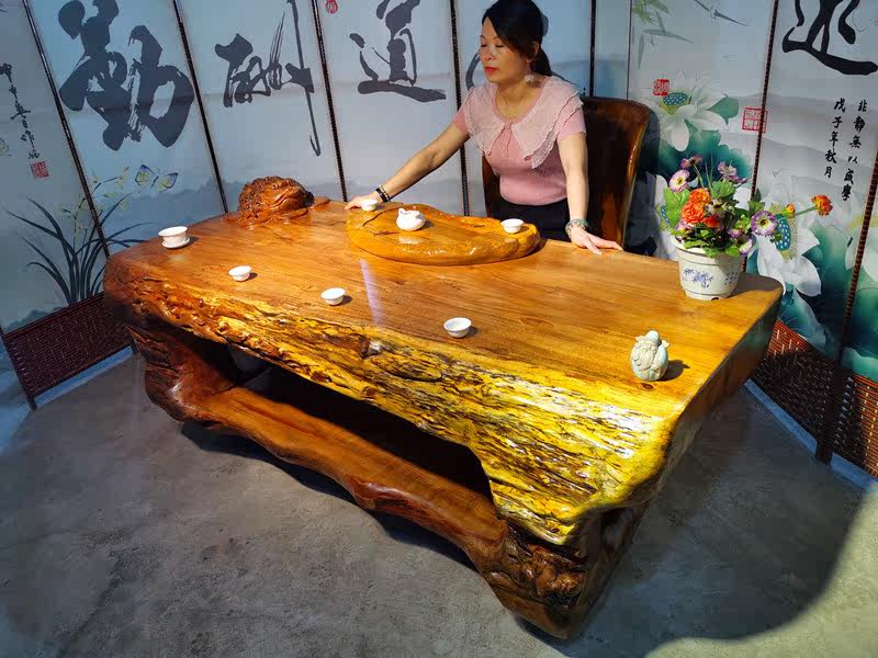 缅甸黄梨木根雕茶几天然整体树根平桌根雕茶桌