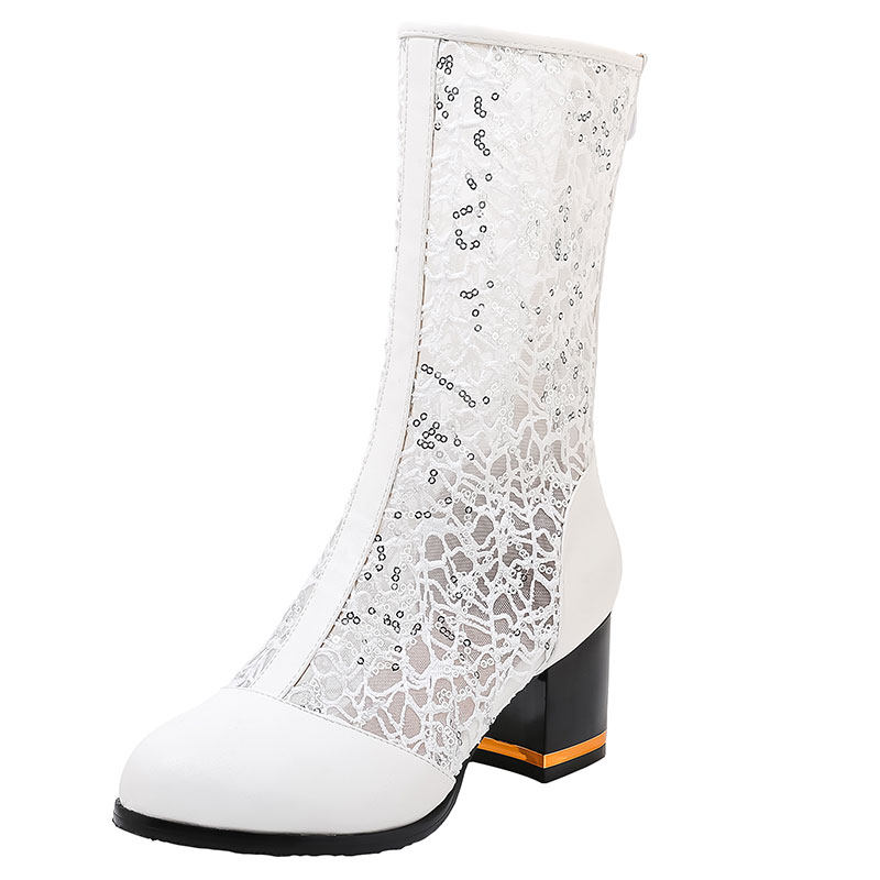 粗跟中筒2022新款春夏高筒网亮片镂空靴子子女时装凉鞋