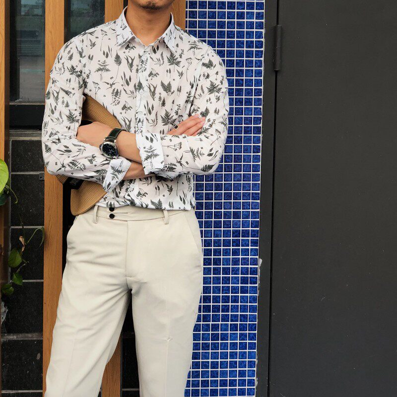2019夏款度假风薄款休闲花衬衫男韩版小清新花修身长袖时尚衬衣潮