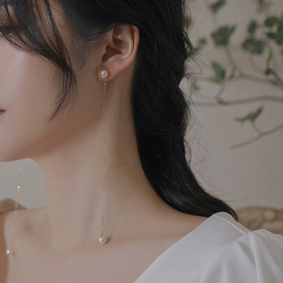 cecilialin超长气质女神耳线珍珠14k包金耳环无耳耳钉