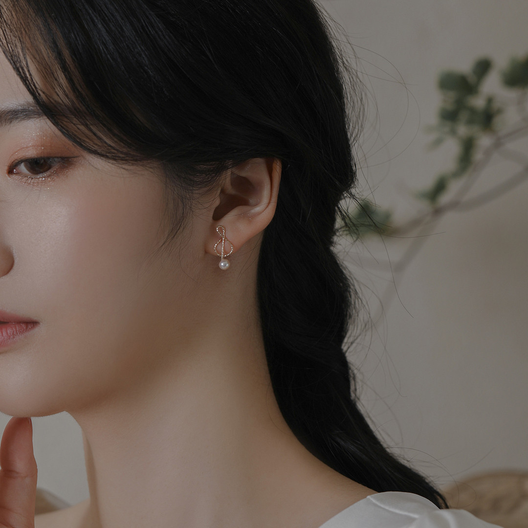 cecilialin手工手工制制作小音符珍珠14k包金耳钉不对称耳钉