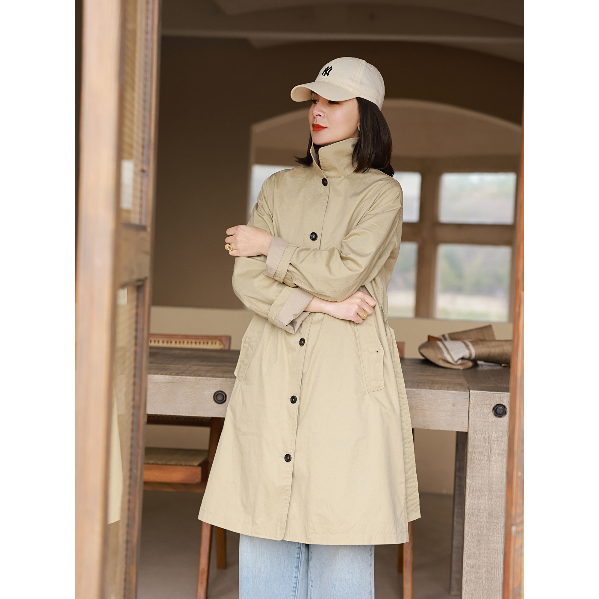 麻霖原创2022春秋卡其色立领休闲宽松简约百搭中长款风衣外套