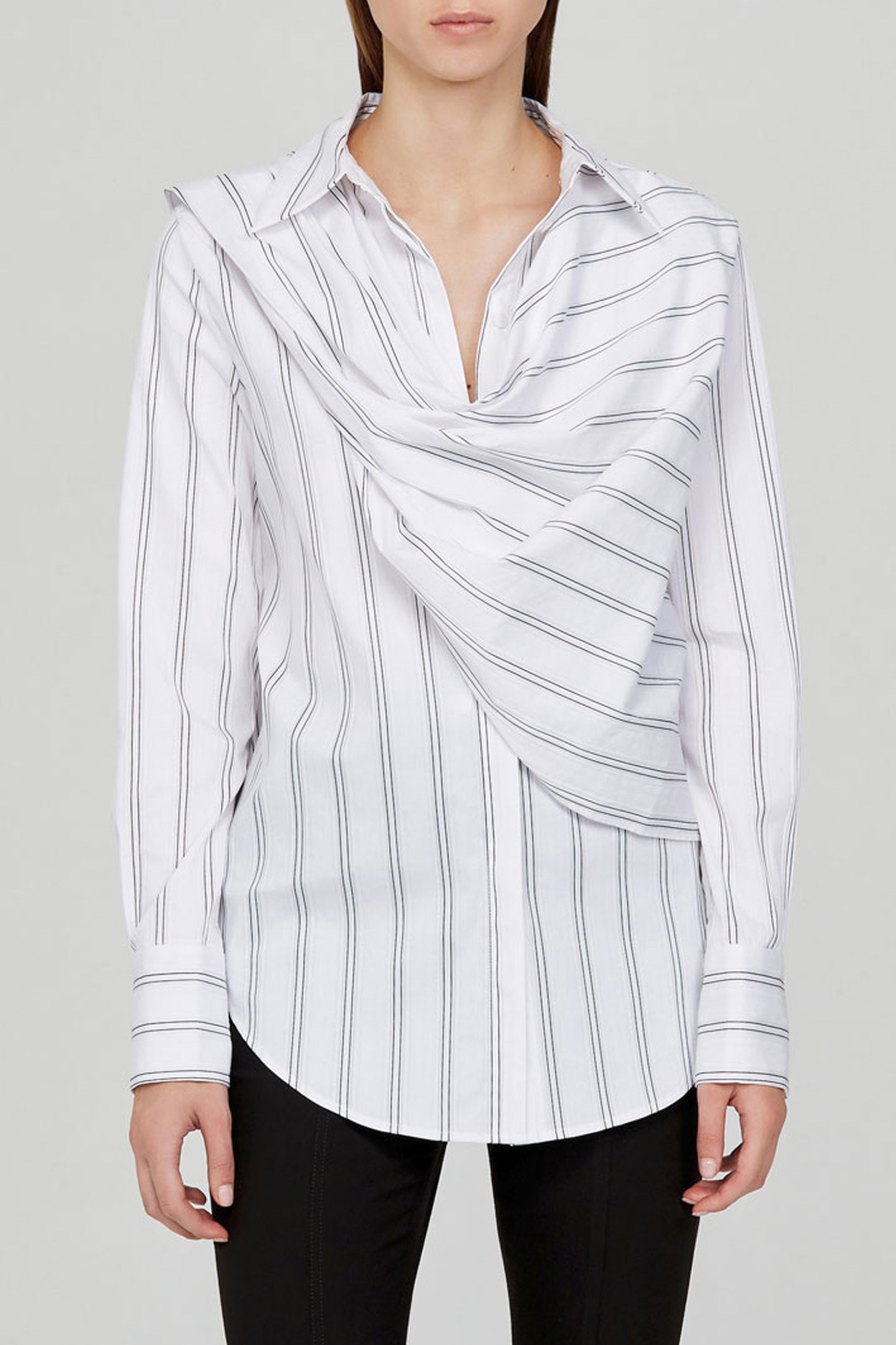 acler黑白拼色条纹装饰单排不规则设计女士长袖衬衫