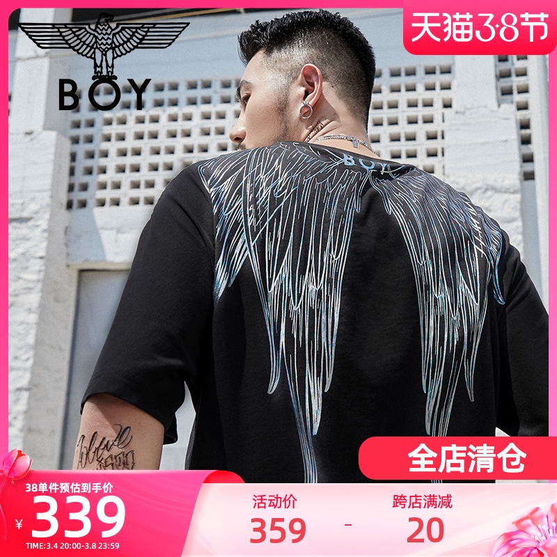 boylondon黑色短袖男2021夏季新款烫银翅膀印花T恤401302