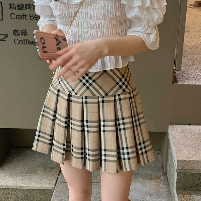 笨笨家褶皱格子半身裙女夏2021新款春秋高腰a字小个子辣妹短裙子
