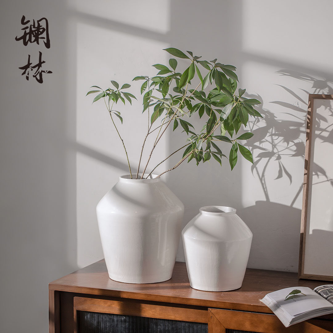 大肚白色月亮复古手工水养陶瓷花瓶日式侘寂花瓶