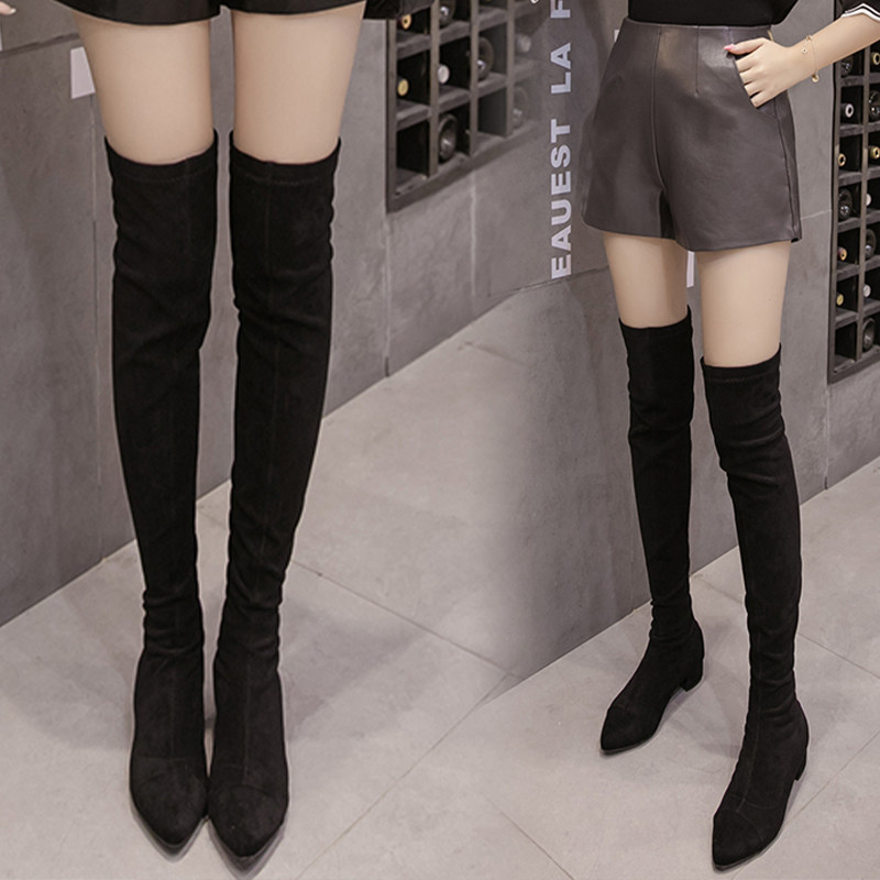 2021尖头瘦瘦长靴平底过膝高筒靴粗跟弹力靴单弹力靴