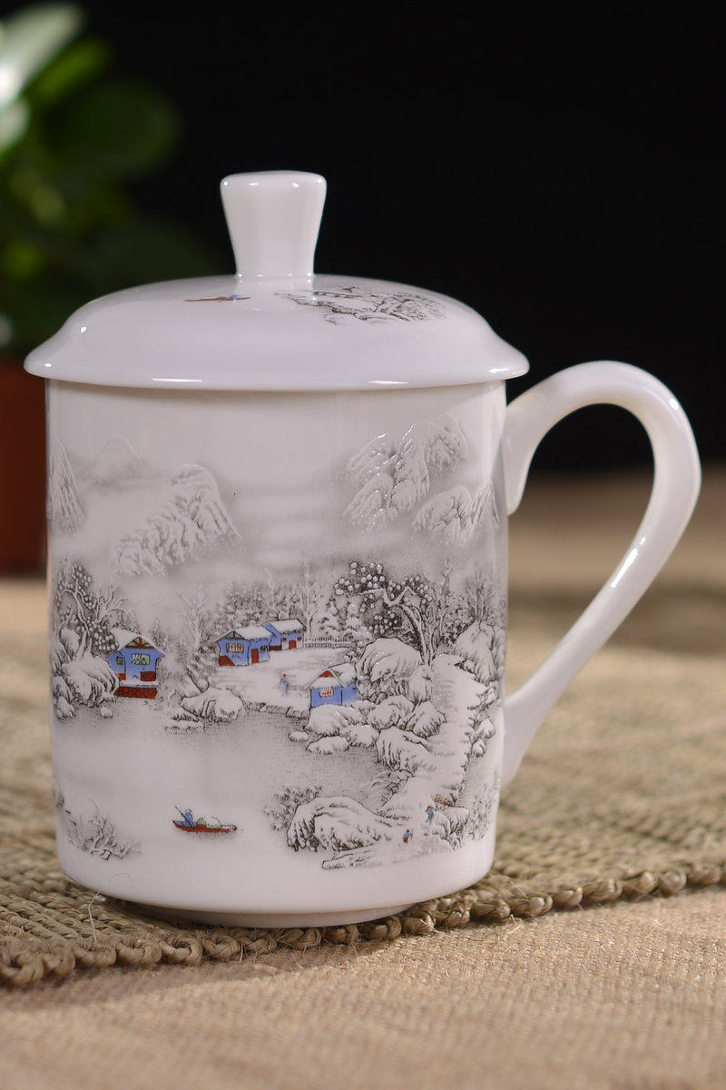 景德镇大陶瓷茶杯带盖大容量会议办公杯山水订制青花骨瓷logo定制