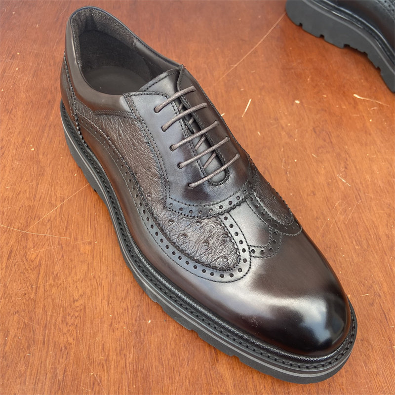 ferre男鞋意大利鸵鸟牛皮系带休闲鞋圆头橡胶发泡休闲皮鞋