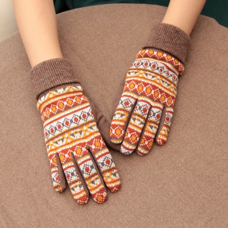 手套日本民族风复古花纹羊毛触屏针织指女保暖手套