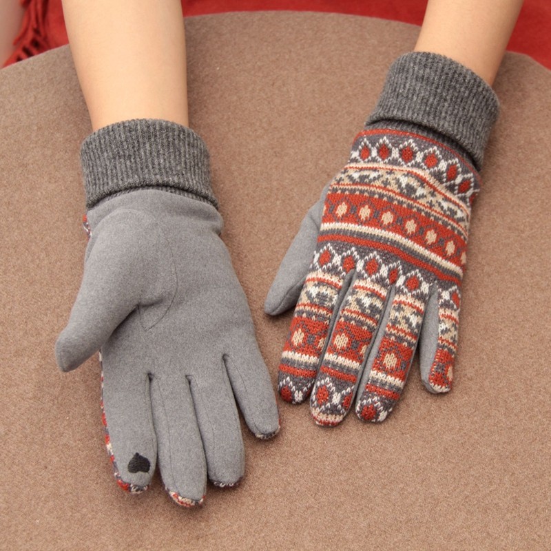 手套日本民族风复古花纹羊毛触屏针织指女保暖手套
