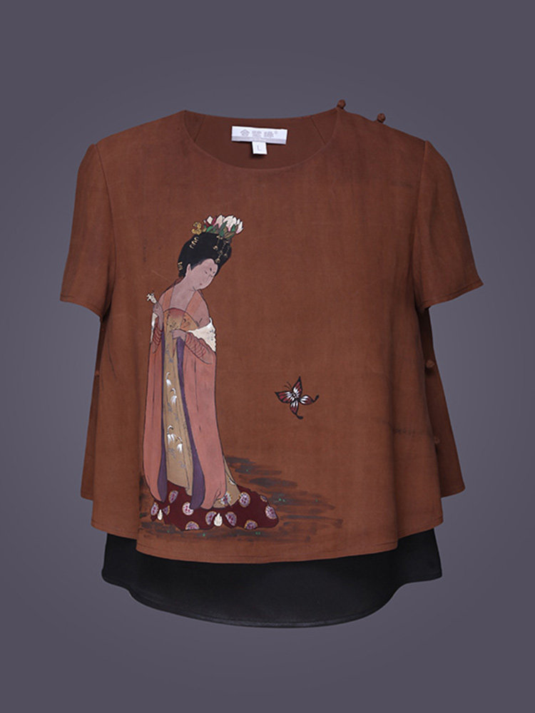 【上衣】原创香云纱上衣唐装手绘仕女图宽松盘扣中式真丝复古