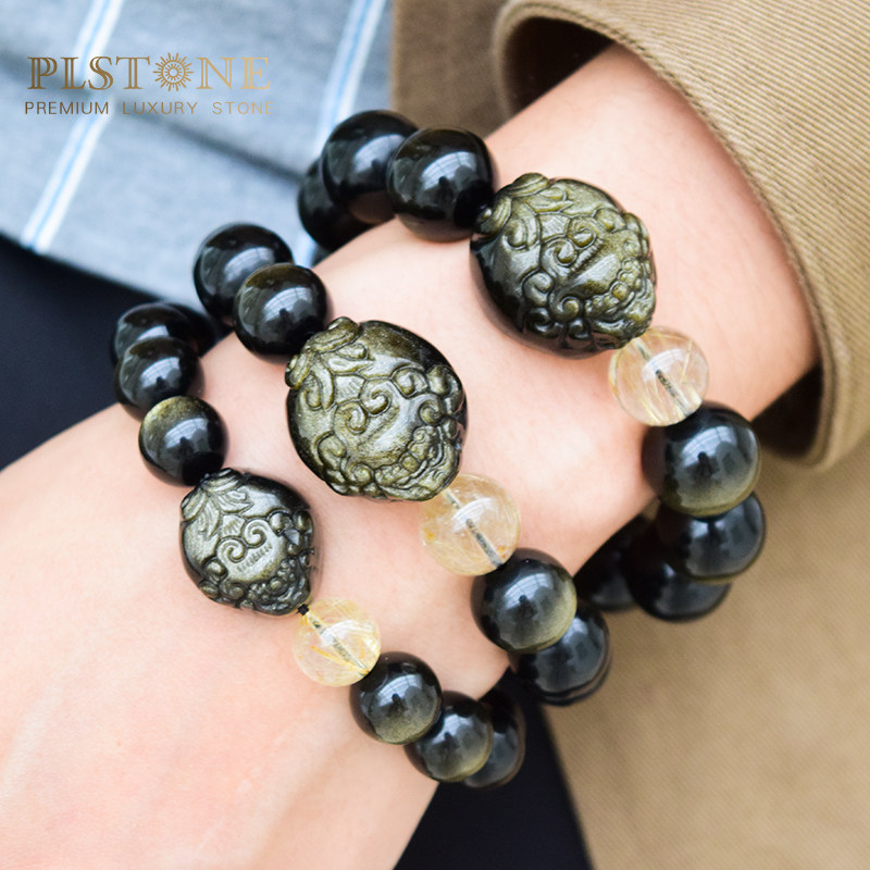PLSTONE普琳丝天然金眼黑曜石金曜石有貔貅手链女男本命年手串