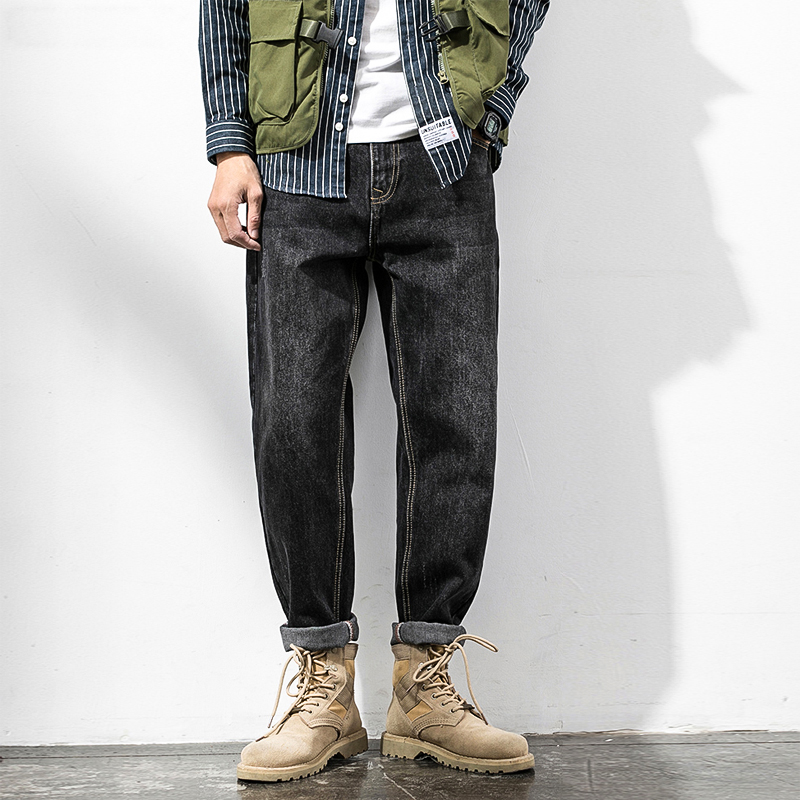 秋冬季2021新款牛仔裤男士裤子加绒加厚直筒宽松韩版潮流黑色长裤