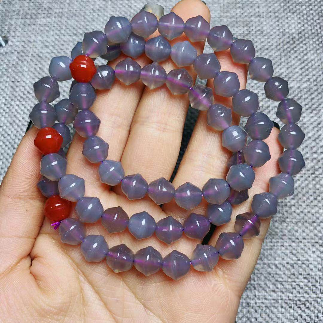 天然烟紫烟灰帝王玛瑙手链铃铛三圈8mm手链