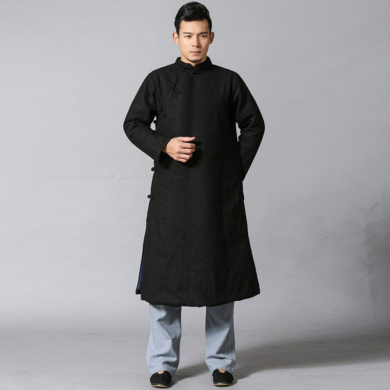 中国国风亚麻民国长衫男麻棉袍盘中式汉服外套棉衣