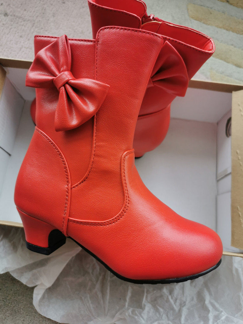 特价清仓全新女童高跟鞋加薄绒公主皮靴红色新年皮靴