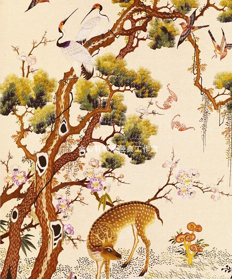 清宫鹤鹿同春寿图装饰画客厅玄关背景墙卧室办公国画