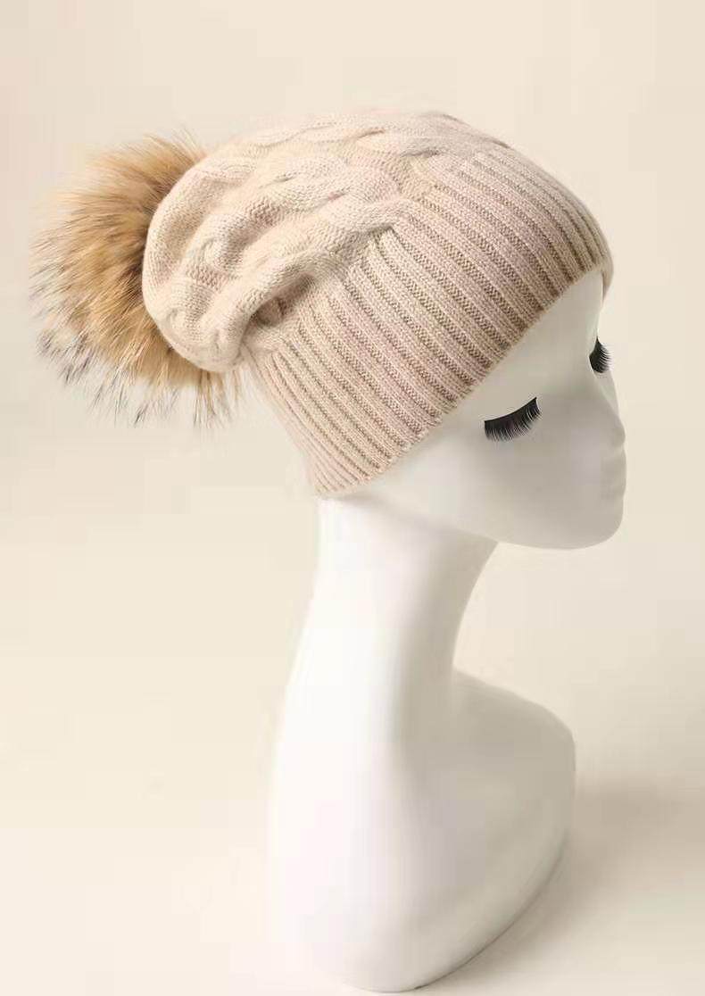 意大利订单单纯山羊山羊绒绒帽绞花狐狸毛球男女帽子