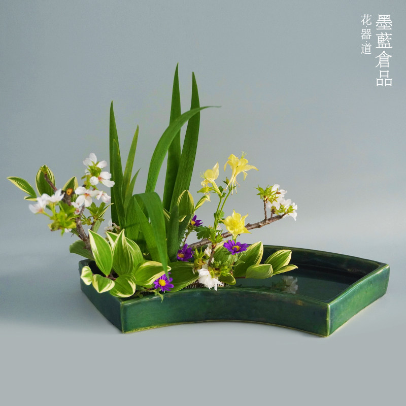 日本进口陶瓷扇形小原流琳派花器日式插花器皿花盆