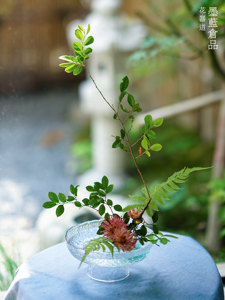 透明玻璃插花盘客厅桌面高脚花器水果盘日式 茶桌茶点甜点干果碗