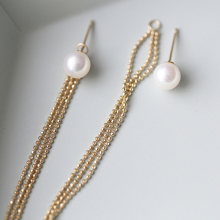 白小耳坠米珠长线珍珠淡水耳环金耳环10k14k耳饰