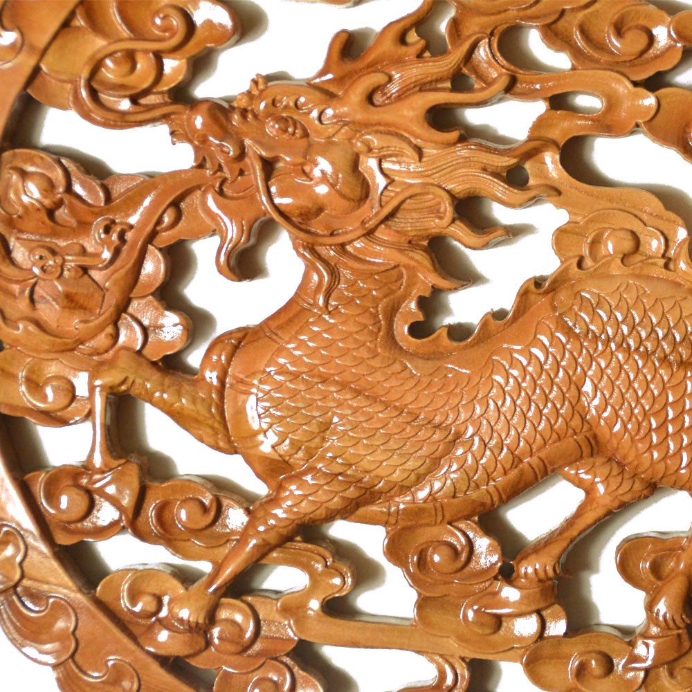 家居正宗肥城桃木麒麟献瑞木雕挂件圆形礼品木雕