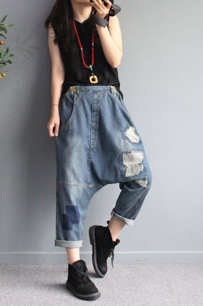 街头个性破洞大裆牛仔垮裤女2020秋季新款宽松牛仔裤