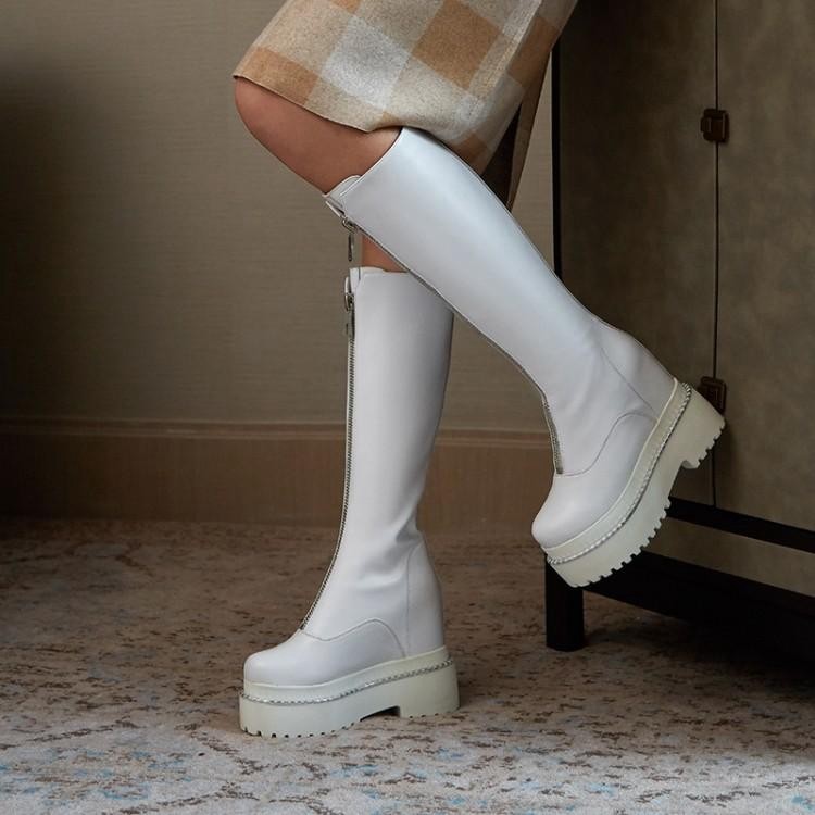 鞋女白色靴子子女厚底松糕增高高跟高筒真皮时装靴
