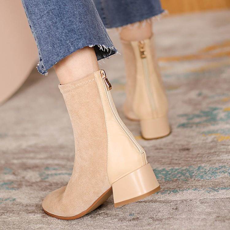 鞋子秋冬女鞋女靴杏色方头粗中跟大码短靴小码时装靴