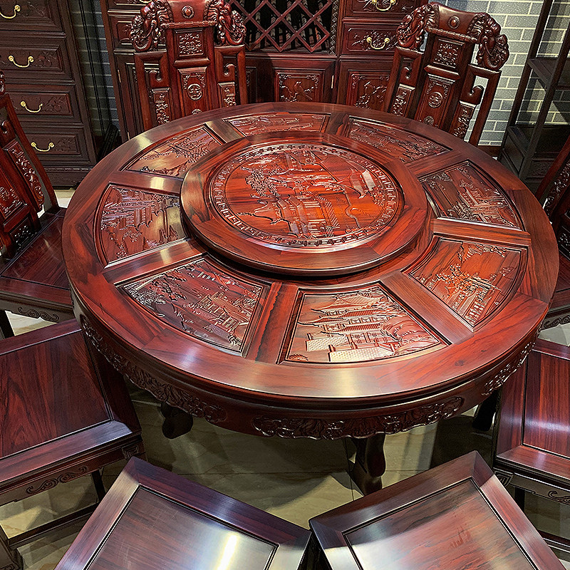 红木南美美红酸枝木雕雕花圆台实木吃饭饭桌餐桌