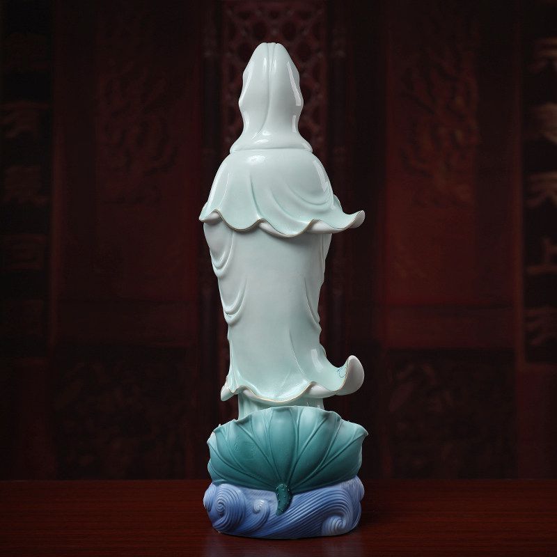 戴玉堂18吋立荷观音菩萨天青衣彩绘佛像居家供奉家供观世音摆件