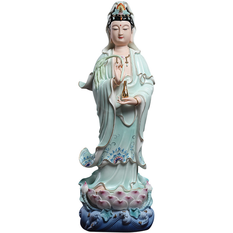 戴玉堂立荷观音菩萨青衣彩绘佛像居家供奉家供观摆件