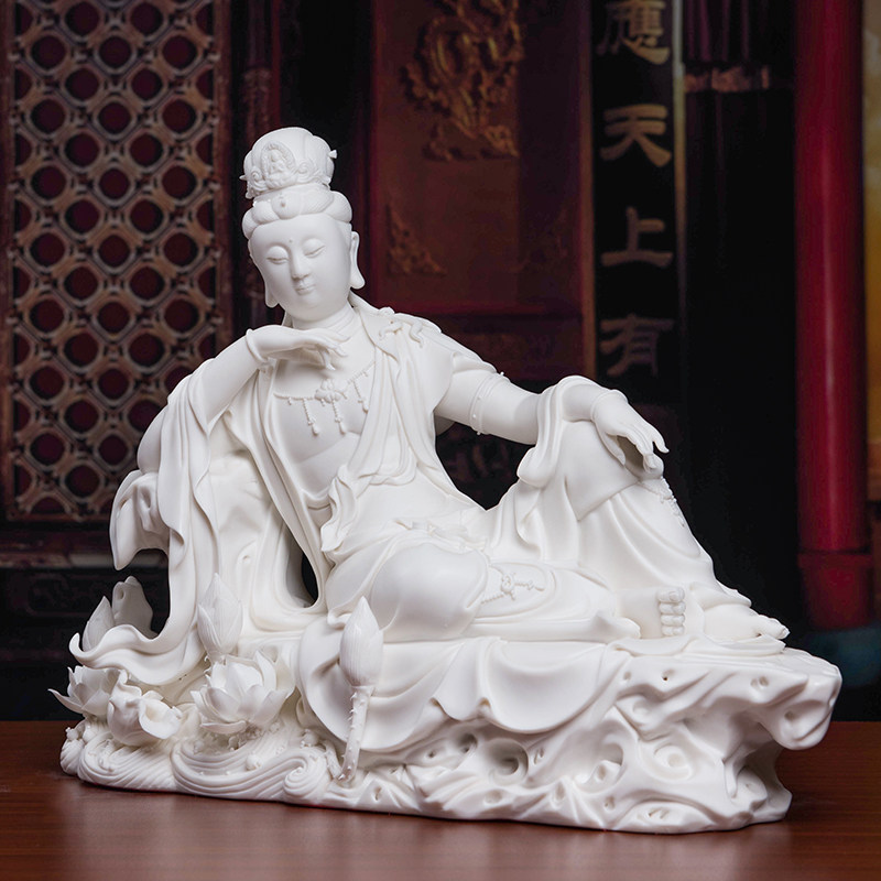 戴玉堂陶瓷摆件卧莲自在水月观音卧莲自在水月观音刘铭志大师佛像摆件
