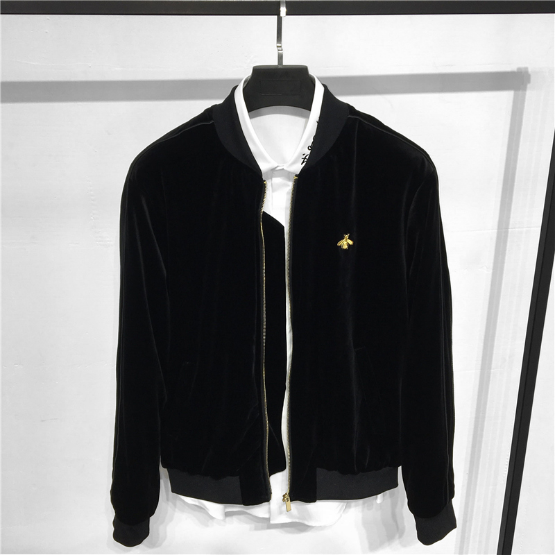 男装潮牌秋冬款丝绒夹克韩版修身蜜蜂刺绣棒球衫茄克休闲男士外套