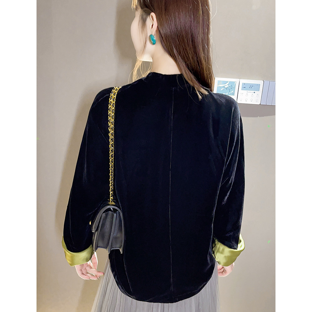 真丝内里中式立领丝绒上衣复古黑色盘扣中国衬衫