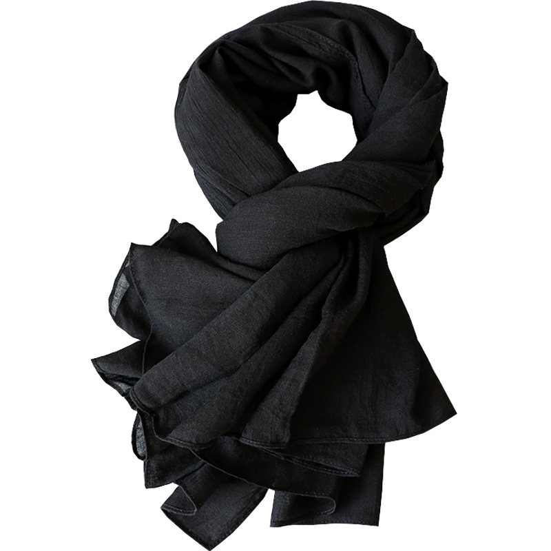 黑色围巾女冬季韩版秋冬加大百搭黑色丝巾长款棉麻春秋薄款亚麻男