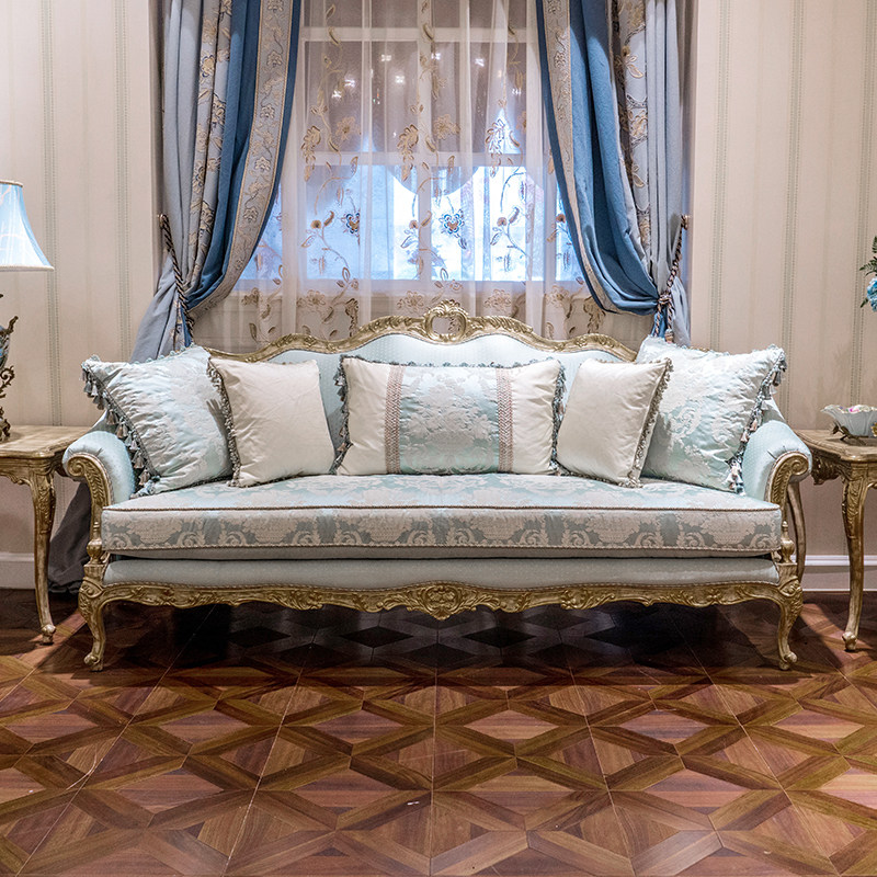 茱莉安法式宫廷浅蓝色金边实木贴金金箔雕刻布艺沙发沙发茶几